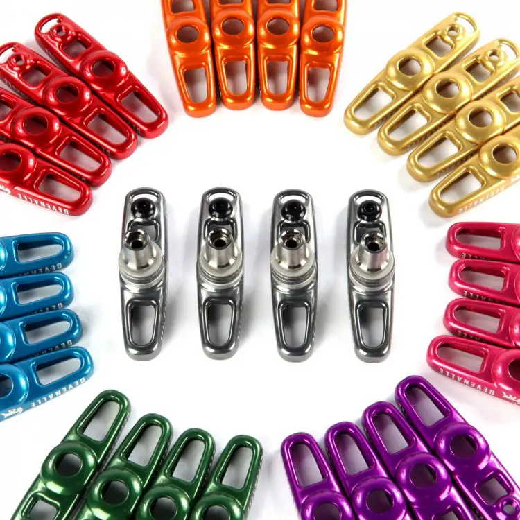Gevenalle’s brake pad hardware, with the Titanium model machined in Portland, and all models available in a variety of anodized colors. © Cyclocross Magazine