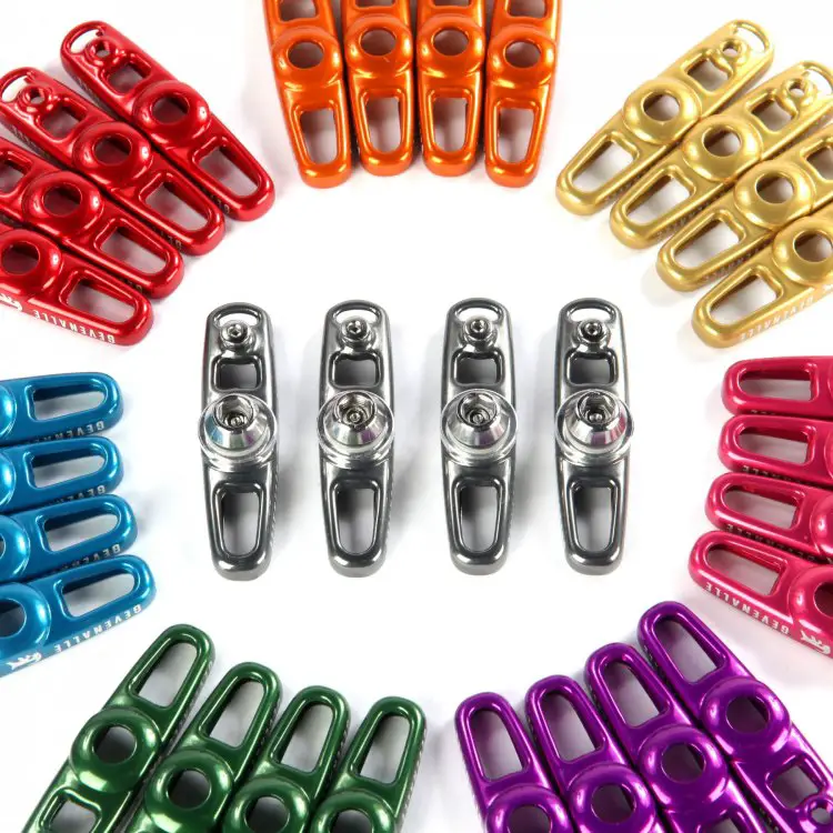 Gevenalle’s brake pad hardware, with the Titanium model machined in Portland, and all models available in a variety of anodized colors. © Cyclocross Magazine