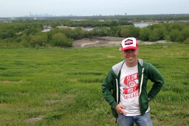 Steve Buchtel, Friends of Big Marsh program coordinator, says Big Marsh Bike Park is taking shape. The Downtown skyline can be seen in the distant background. [Photos by DNAinfo/Justin Breen]