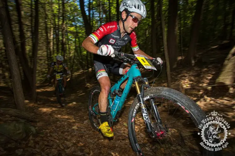 Justin Lindine (Competitive Cyclist) revs up at the NoTubes Trans-Sylvania Epic to take the lead in overall standings. Photo by Trans-Sylvania Epic Media Team.