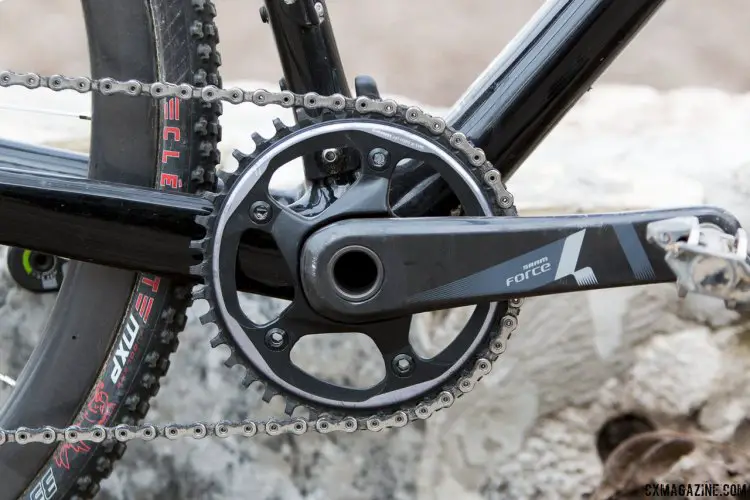 A single chainring, Trek’s S3 integrated chain keeper, and the simple form of the SRAM Force crankarms give the drivetrain a beautifully simple aesthetic that is consistent throughout this bike. © Cyclocross Magazine