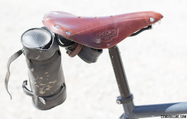 This bike was equipped for refreshment, but one strap on this bag broke off during the ride. Singlespeed coaster brake-equipped gravel bike. © Cyclocross Magazine
