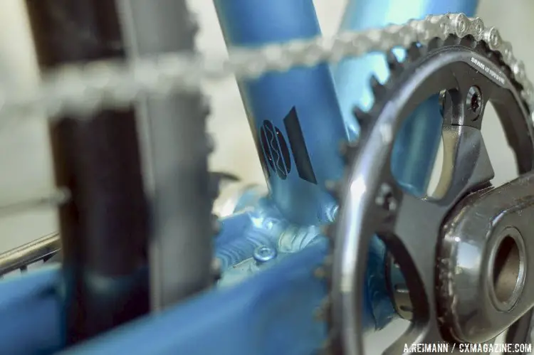 GT goes a little naughty on the back of their seat tube, with a decal that displays a hot dog in a middle of a hallway. In all seriousness though, the clearance does only go to 700x37 with the shelf behind the seat tube that accommodates a front derailleur cable routing. © A. Reimann / Cyclocross Magazine