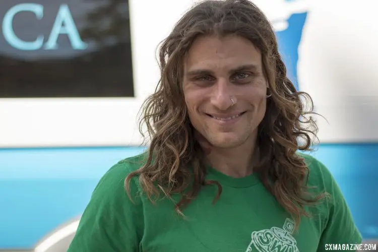 Anthony Clark (Squid Bikes) is all smiles after a disappointing, unlucky flat tire while in the lead. 2015 Lost and Found gravel race. © Cyclocross Magazine