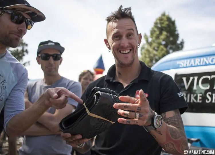 Ben Berden rode prototype 35c Kenda gravel tires to second place, but also lucked out to catch a 40c gravel tire door prize thrown out to the crowd. 2015 Lost and Found gravel race. © Cyclocross Magazine