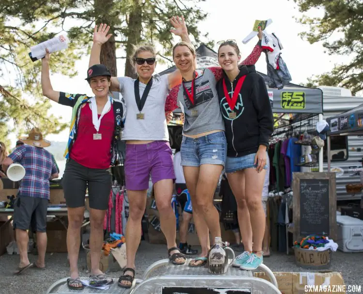 The four-place women's pro podium, left to right: Steers, Drumm, Farina, Gomez Villafane. 2015 Lost and Found gravel race. © Cyclocross Magazine