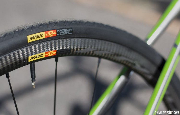 Mavic's new Ksyrium Pro Carbon SL C (clincher) road wheels and Yksion Pro 25c clincher on our Trek Madone 6 test bike. © Cyclocross Magazine