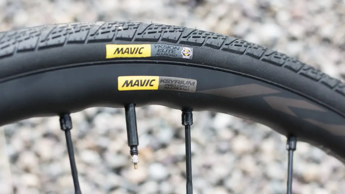 Mavic's new Ksyrium Pro Disc Allroad wheel tire system is ready for gravel, even though Mavic doesn't love to use that term. We tested the system at less tha 60 psi on 100k of rough gravel roads, with no burps or punctures. © Cyclocross Magazine