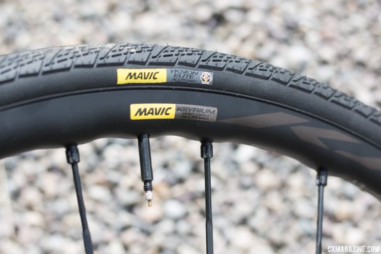 Mavic's new Ksyrium Pro Disc Allroad wheel tire system is ready for gravel, even though Mavic doesn't love to use that term. We tested the system at less tha 60 psi on 100k of rough gravel roads, with no burps or punctures. © Cyclocross Magazine