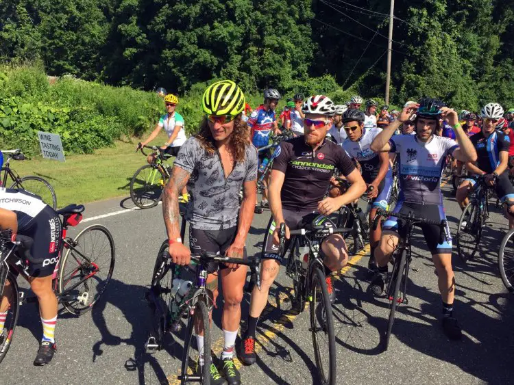 Anthony Clark and Stephen Hyde wait near the entrance of Black Birch vineyards as the ride was about to get underway. © Andrew Reimann