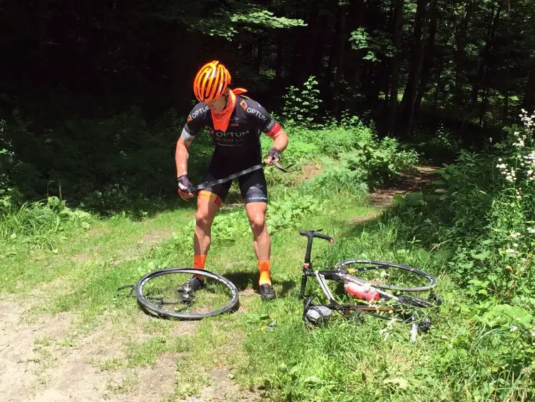 Brad Huff of Pro Optum p/b Kelly Benefit joined me alongside of the road a few times after we took the descents a little hot. © Andrew Reimann