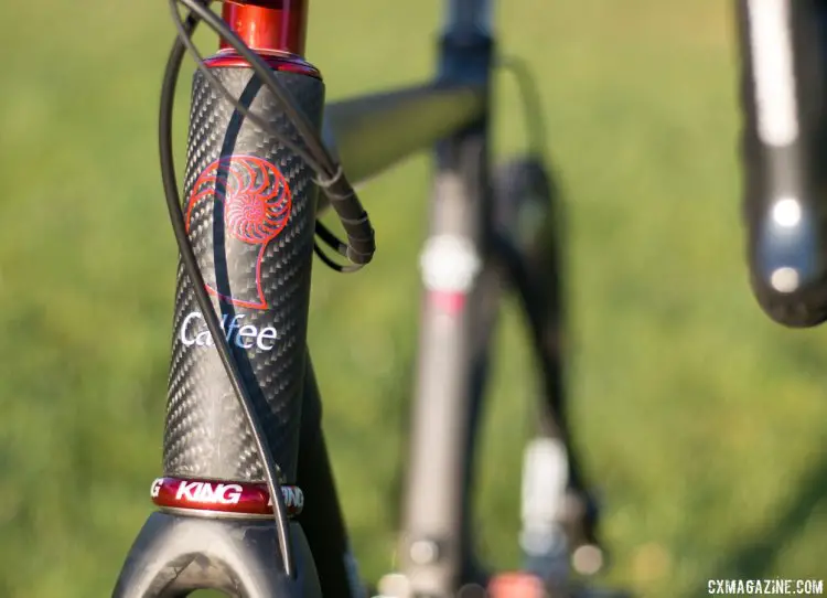 Calfee's 44mm head tube accomodates tapered steerers of modern disc forks. Calfee Manta CX soft tail. © Cyclocross Magazine