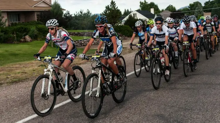 Mindy McCutcheon (Canyon Bicycles) and Joey Lythgoe (Kühl) lead the women’s race through the flat roads after the start. Angie Kell (Church of the Big Ring) and Rhae Shaw (Liv) sit tucked in behind them. This is some of the last flat riding they will see at the Crusher.