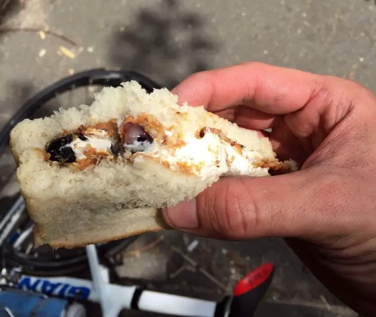 Marshmallow fluff, peanut butter, blueberries, and bacon might sound like something only a five-year-old would concoct, but it was the perfect fuel halfway through the ride. © Andrew Reimann