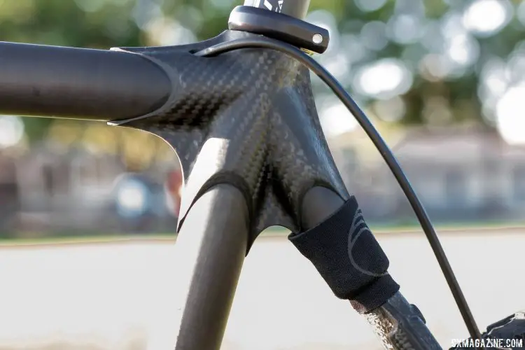 Calfee Manta CX soft tail offers 1.2 cm of travel that isn't highly dependent on a rider sitting, or fore/aft saddle position. © Cyclocross Magazine