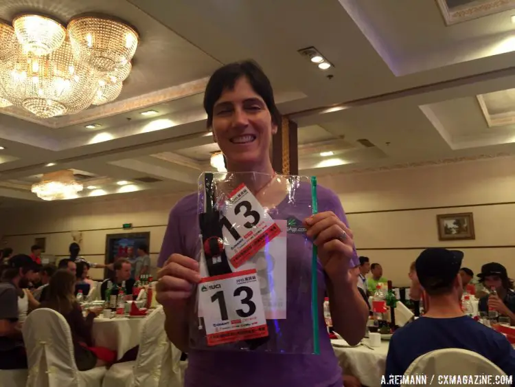 Christine Vardaros shows off her lucky 13 number the day before the race. © Andrew Reimann/Cyclocross Magazine