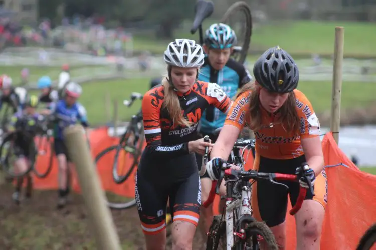 Joanna Rycroft battling with new team-mate Hannah Saville at Ripley Castle Cyclo Cross 2015 Photographer: Conor Palliser