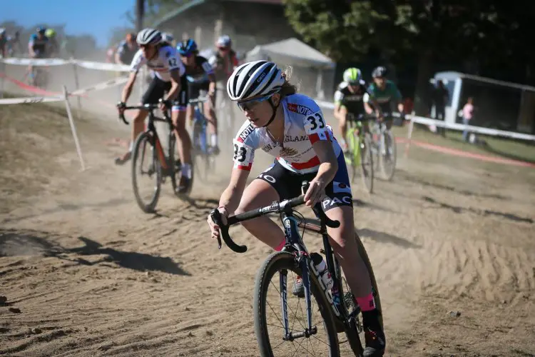 Noble in the U23 Series Leader's jersey looking focused on the chase. Photo by Meg McMahon