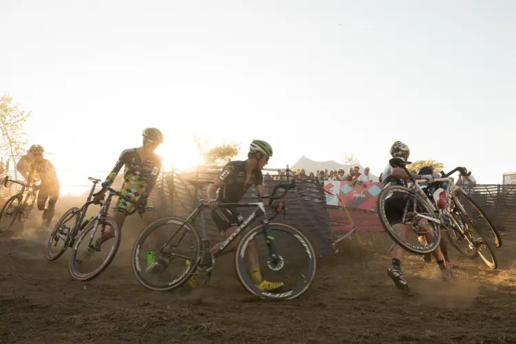 Racers run tough corners on this classic New England cyclo-cross course. Photo: Todd Prekaski