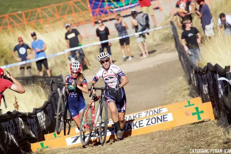 Local racers, Mindy McCutcheon (Canyon Bicycles) and 14 year old Katie Clouse (Alpha Bicycle Co.-Vista Subaru) battle it out for 2nd and 3rd place. Race within the race.