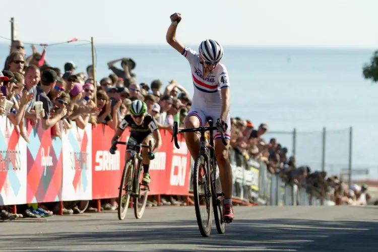 Helen Wyman, British National Cyclo-cross Champion, leading top racers through the barriers on her way to a win last year. Photo: Todd Prekaski