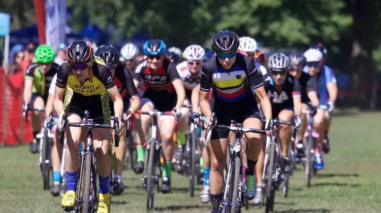 Maria Larkin (Chicago, IL) and Danni Arman (St. Charles, IL) lead the 25 women racing in the Cat 1/2/3 field at the start.