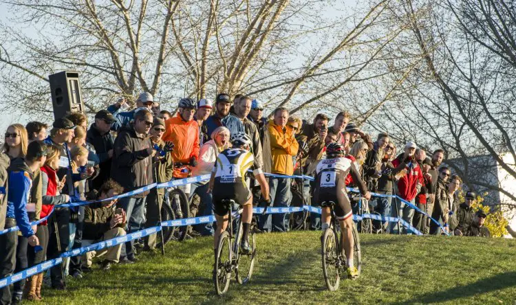 Geoff Kabush and Michael Van den Ham are cheered on at the 2014 Shimano Canadian Cyclocross Championships. Photo credit: David Lipnowski