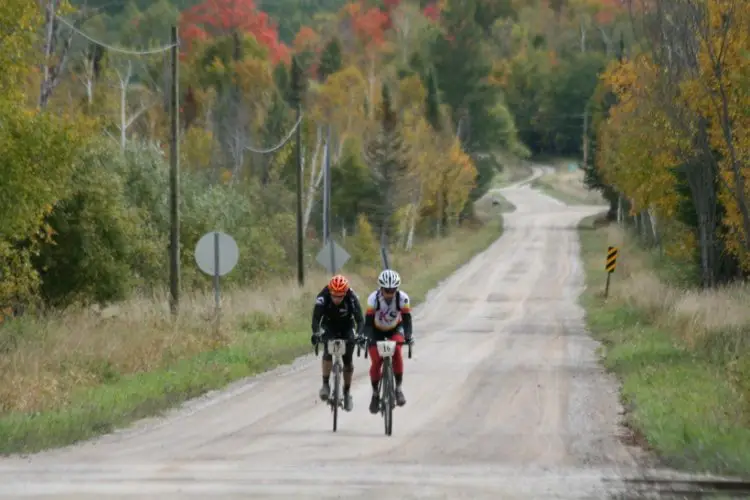 Brian Matter and Tristan Schouten on their way to 1st and 2nd place after a move on the 3rd KOM climb. Photo from Michigan Mountain Mayhem Gravel Grinder