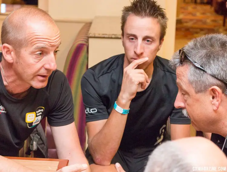 Chatting with the Telenet-Fidea cyclocross team in Vegas. © Cyclocross Magazine