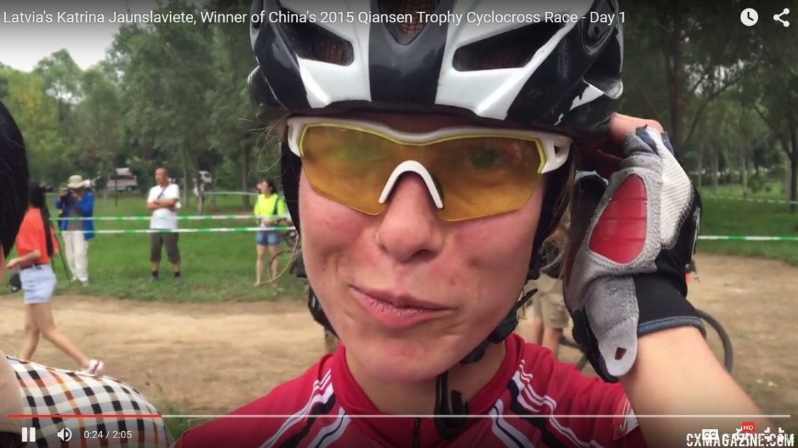 Katrina Jaunslaviete won her first-ever cyclocross race, on a borrowed bike, to win UCI C1 points. © Cyclocross Magazine