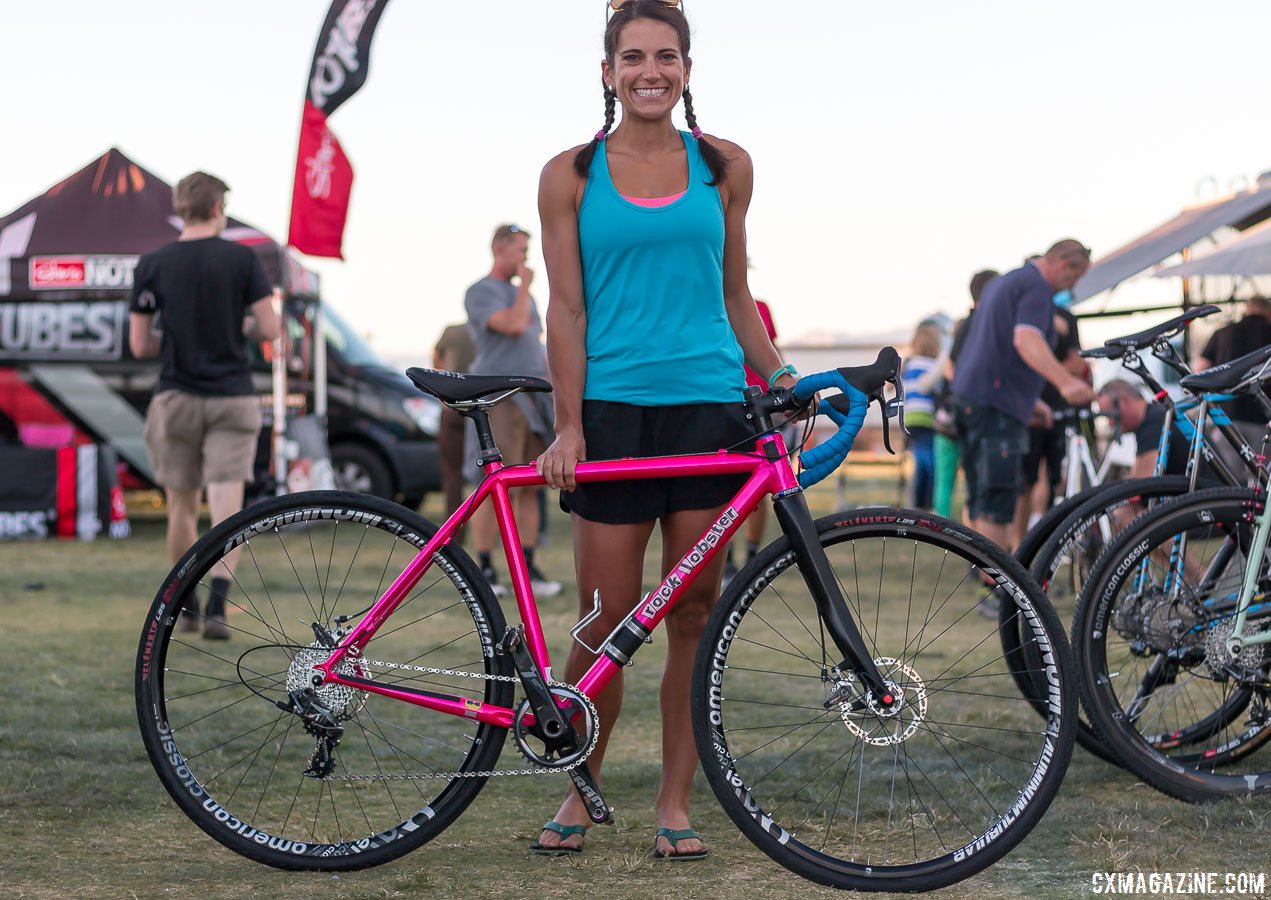Courtenay McFadden is all smiles with her new bright pink Rock Lobster Cycles cyclocross bike. Cross Vegas 2015. © Cyclocross Magazine