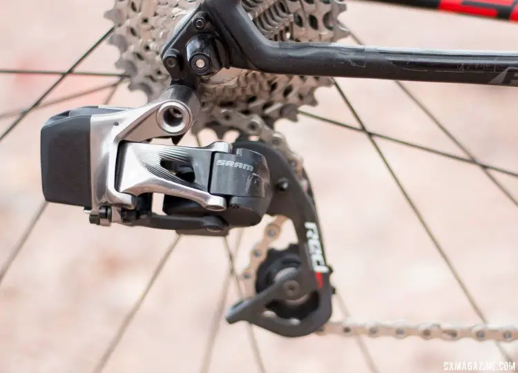 The SRAM RED eTAP electronic / wireless drivetrain shares the same type of battery with the front derailleur, and controls all the pairing. Short cage only, max 28t for now. © Cyclocross Magazine