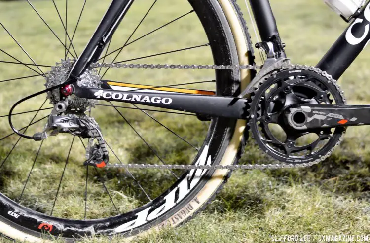 Wout van Aert's 2015 CrossVegas-winning Colnago Prestige cyclocross bike was one of the rare SRAM-sponsored rider's bike that did not feature SRAM Force 1 and instead had two chainrings. © Cyclocross Magazine