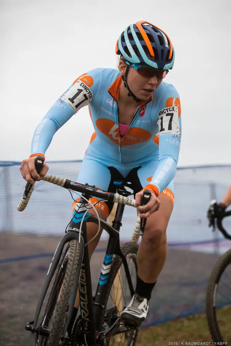 Rebecca Fahringer, riding for the Amy D. Foundation, negotiates the switchbacks.