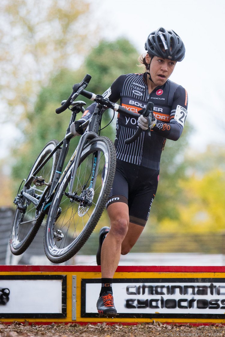Crystal Anthony runs the barriers on her way to second place at Kings CX.