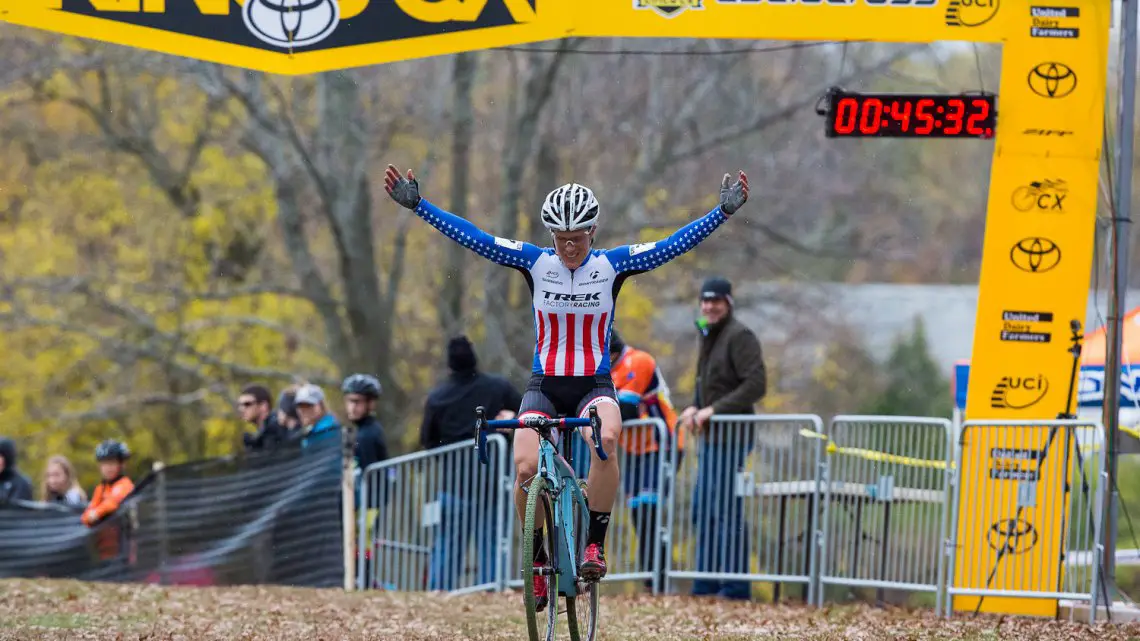 Katie Compton won Day One of the Cincinnati International Cyclocross Festival with a large gap and plenty of time to celebrate.