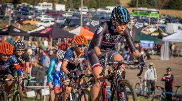 Carrie Sansome (Foundry) at grinding up the climb at the start of the Women's Elite race. © Todd Fawcett