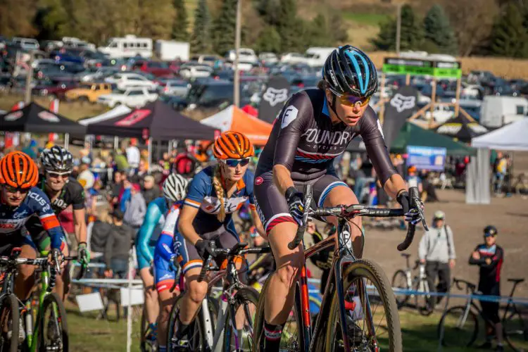 Carrie Sansome (Foundry) at grinding up the climb at the start of the Women's Elite race. © Todd Fawcett