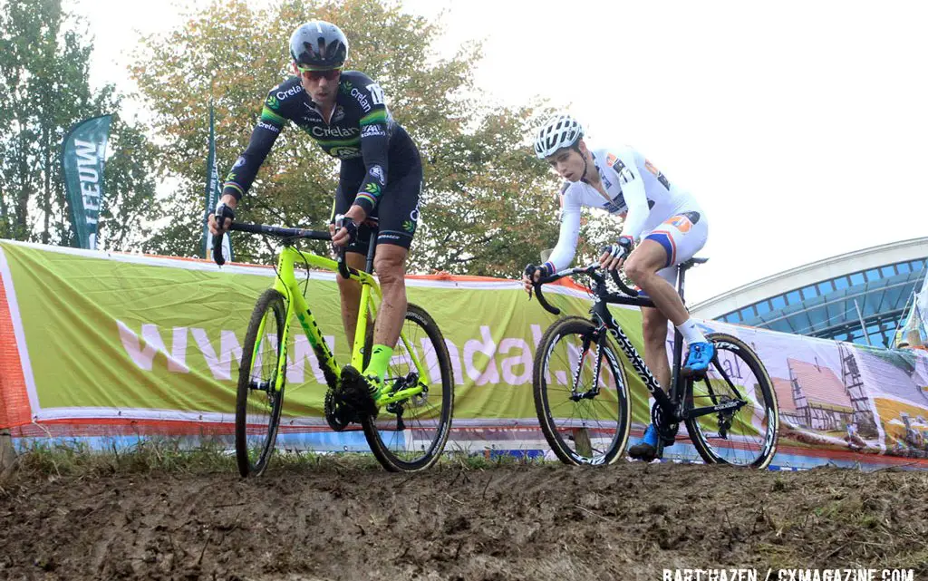 Sven Nys and Wout Van Aert had a hard fought battle for second place, with Van Aert coming out on top after a late-race bobble by Nys © Bart Hazen