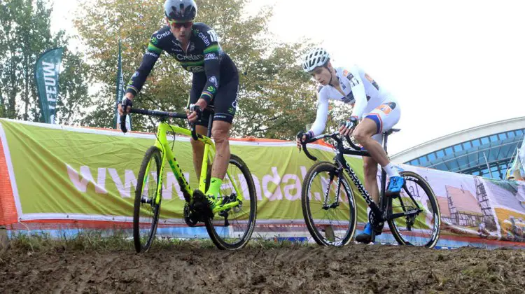 Sven Nys and Wout Van Aert had a hard fought battle for second place, with Van Aert coming out on top after a late-race bobble by Nys © Bart Hazen