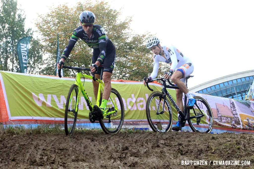 Sven Nys and Wout Van Aert had a hard fought battle for second place, with Van Aert coming out on top after a late-race bobble by Nys © Bart Hazen