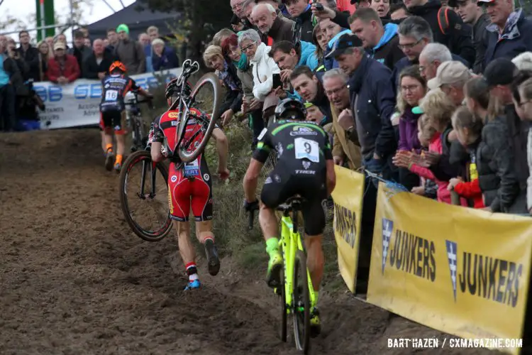 Kevin Pauwels leads Sven Nys up the run up. Nys would successfully ride up it twice, much to the crowd's delight. © Bart Hazen