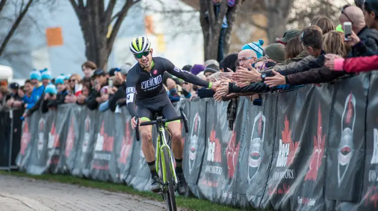 Jeremy Durrin celebrates his 2015 Manitoba Grand Prix of Cyclocross win with Winnipeg fans. © Thomas Fricke