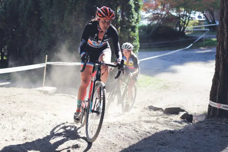 Kristen Kelsey (Axiom HVAC/Cycle U) leads Fleicher (Ten Speed Hero) out of the first sand pit. Photo by Derek Blagg