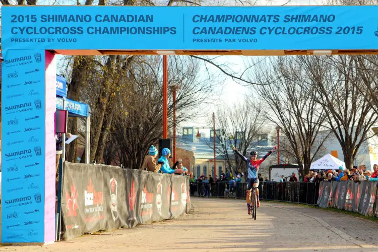 Mical Dyck (Naked Factory Racing p/b Broad Street Cycles) takes the win at the 2015 Canadian Cyclocross National Championships. Mical Dyck (Naked Factory Racing p/b Broad Street Cycles) takes the win at the 2015 Canadian Cyclocross National Championships. © Randy Lewis/lewisimages