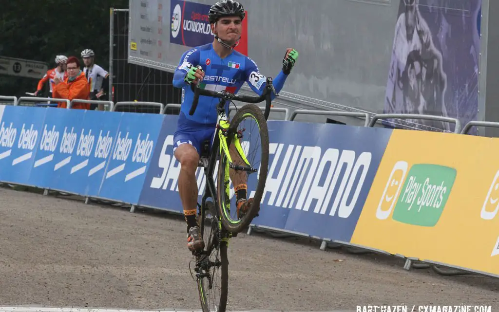 Gioele Bertolini wins both the U23 race at the Valkenbug World Cup, and the award for the coolest finish line salute © Bart Hazen