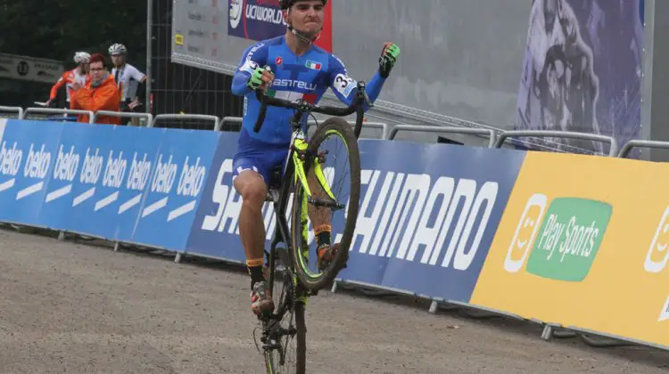 Gioele Bertolini wins both the U23 race at the Valkenbug World Cup, and the award for the coolest finish line salute © Bart Hazen