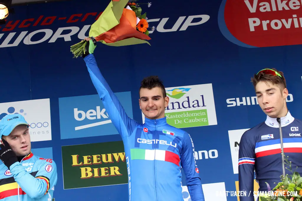 Gioele Bertolini wins the U23 Men's race at the Valkenburg World Cup, earning himself the World Cup leader's jersey too. © Bart Hazen