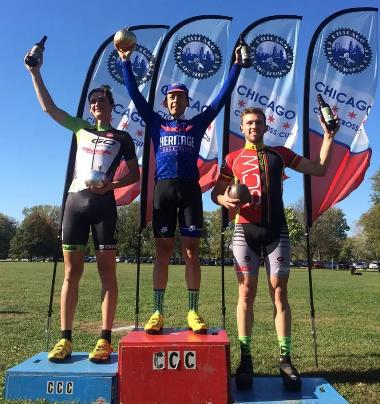 The Men's Elite podium with David Reyes (Chicago, IL), Michael Dutczak (Crete, IL) and Brandon Feehery (Homewood, IL). Reyes earned the series leader jersey with this win.