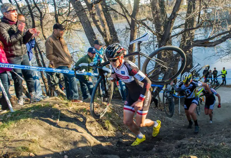 Michael van den Ham charges the run-up at 2014 Canadian Cyclocross Championships. © David Lipnowski